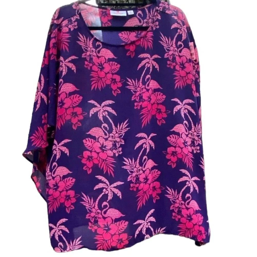 Quacker Factory Wm's Sz 1X Purple Pink Tropical Flamingo Caftan Blouse Cover Up